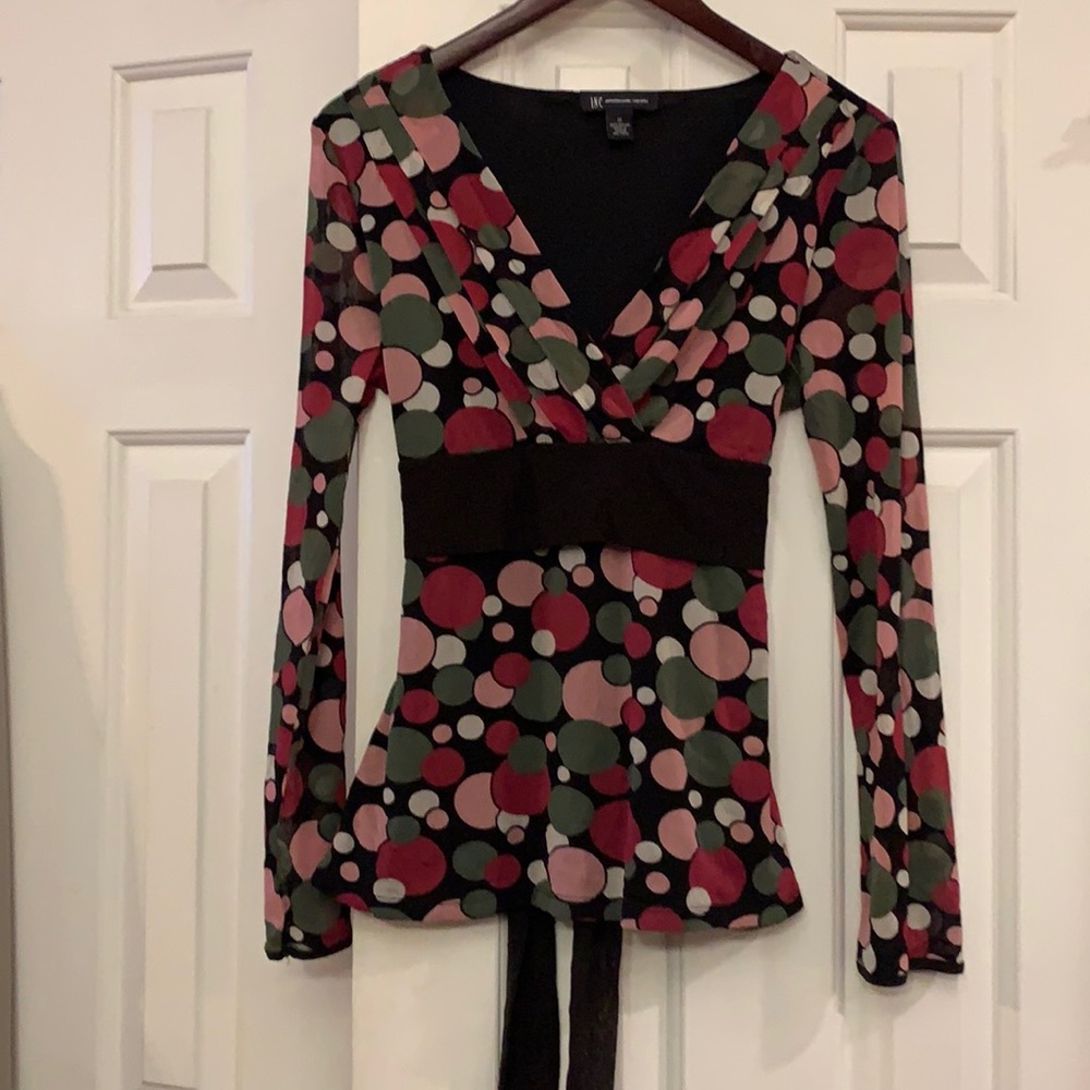INC International Concepts Black Multi-Color Polka Dot Wrap Blouse